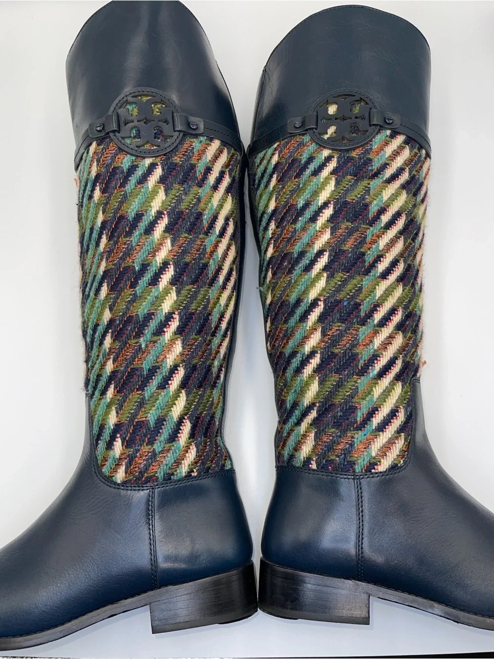 Tory Burch Navy Leather & Multicolor Knit Tall Boots